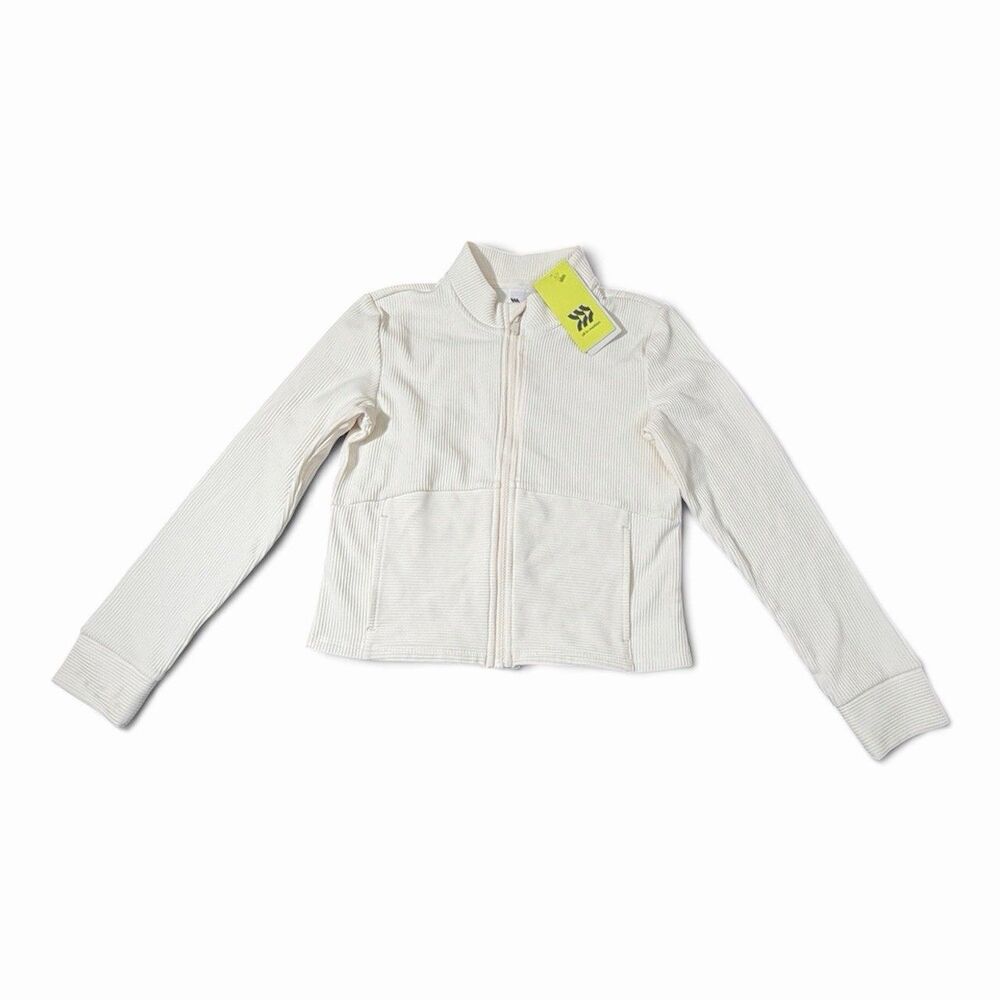All in Motion Girls Medium (8) Cream Full Zip Ribbed Slim Fit Crop Jacket